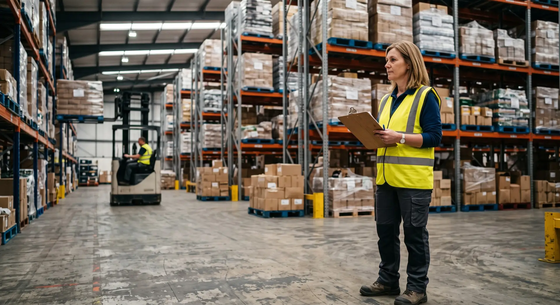 Warehouse supervisor in hi-vis taking notes on a clipboard while a reach truck operates nearby